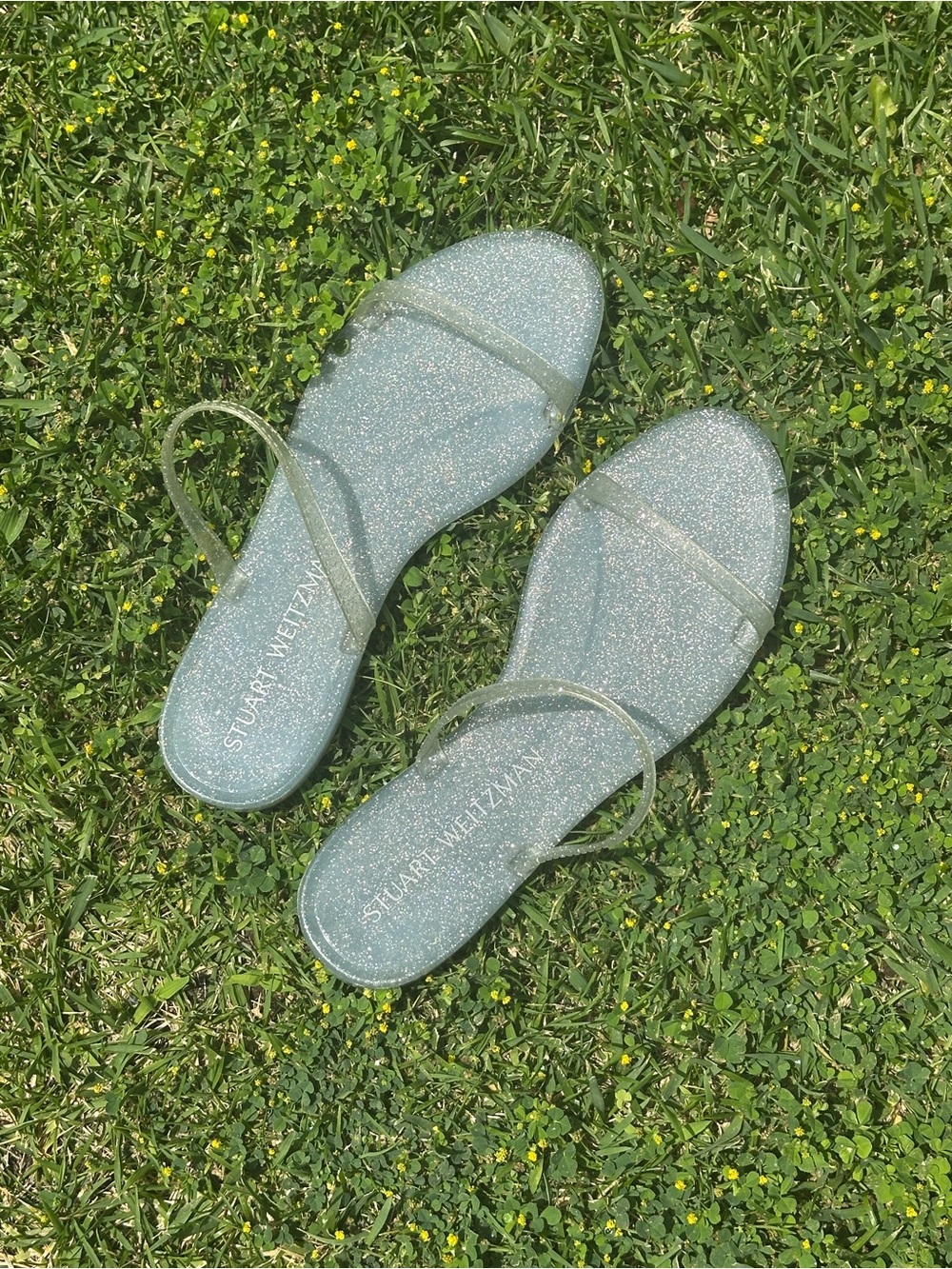Stuart Weitzman Clear Glitter Jelly Slide Sandals with Two Straps Womens 9